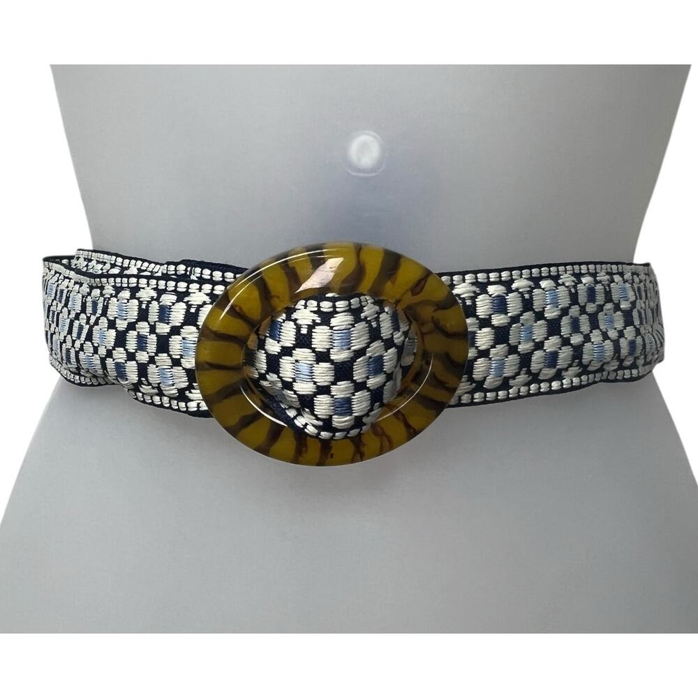 Top It Off Fabric Embroidered Woven Tortoise Shell Lucite Buckle Belt Size Large